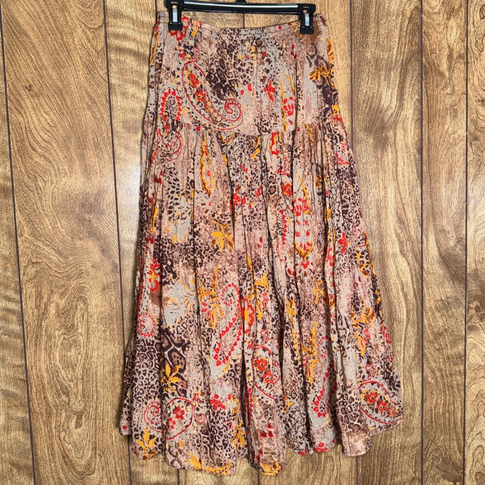VTG New Direction Tiered Cotton Maxi Skirt Leopard Paisley Floral Boho Womens S